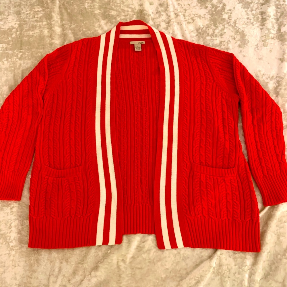 Evie Red/White Open Cardigan with Cable Design and Wide Stripes.